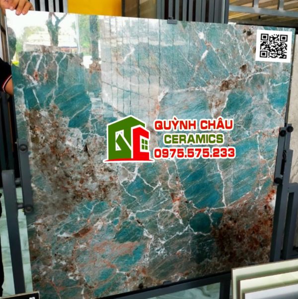 Gạch lát nền phòng khách 120x120 ấn độ xanh ngọc vân đá siêu bóng đẹp