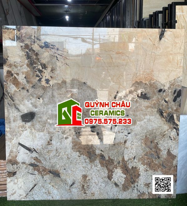 Gạch lát nền ấn độ 120x120 màu vân đá xen nâu gỗ wood rock brown bề mặt bóng