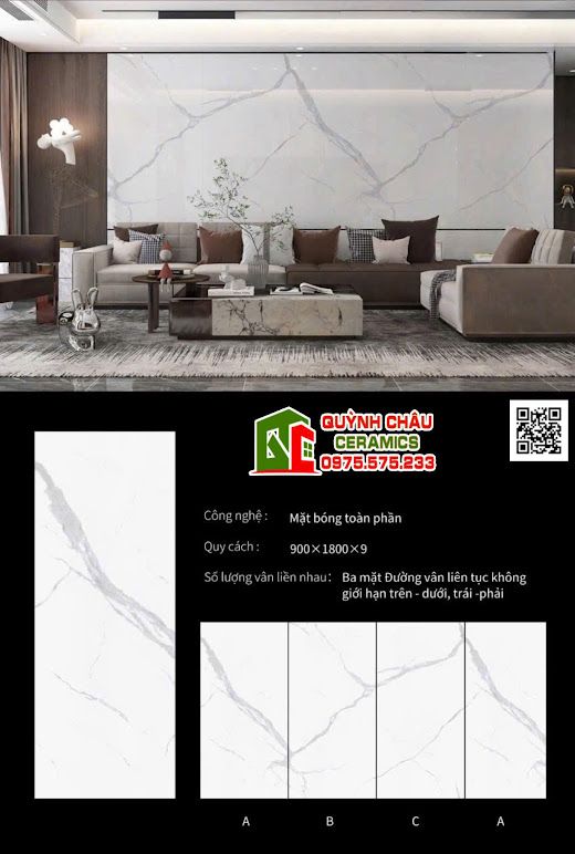 Đá nung kết 90x180cm bóng kiếng trắng vân mây Đá nung kết 90x180cm bóng kiếng trắng vân mây