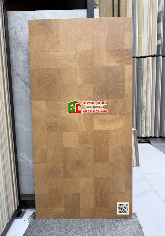 Gạch 60x120 họa tiết giả gỗ ghép khối vân tròn màu nâu vàng