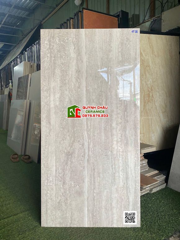 Gạch 60x120 Travertine vân đá xám nhạt bóng kiếng