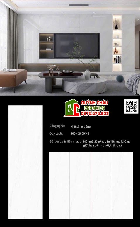 Gạch 80x260 bóng trắng vân nhẹ đá nung kết Gạch 80x260 bóng trắng vân nhẹ đá nung kết