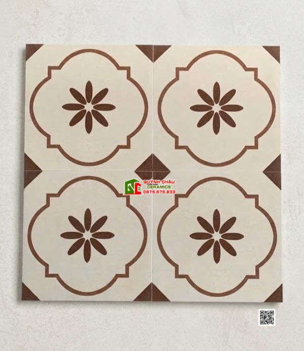 Gạch bông 40x40 màu trắng kem kết hợp họa tiết nâu đất