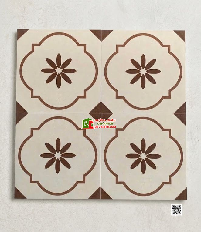 Gạch bông 40x40 màu trắng kem kết hợp họa tiết nâu đất