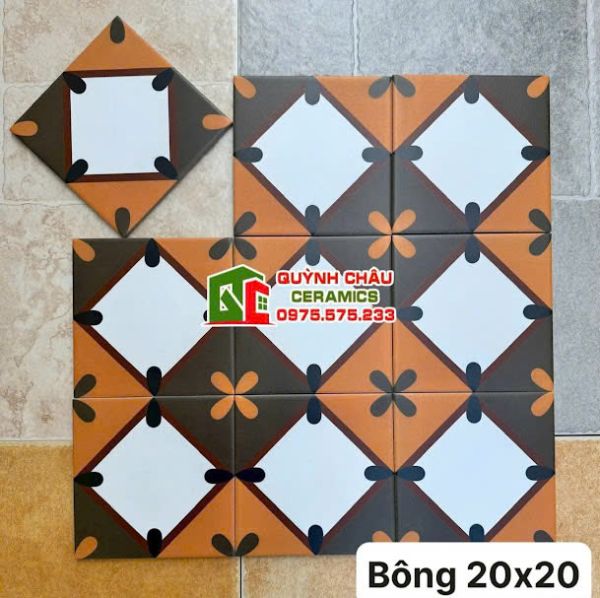 Gạch bông hoa văn phối màu cam nâu trắng 20x20 cm Gạch bông hoa văn phối màu cam nâu trắng 20x20 cm