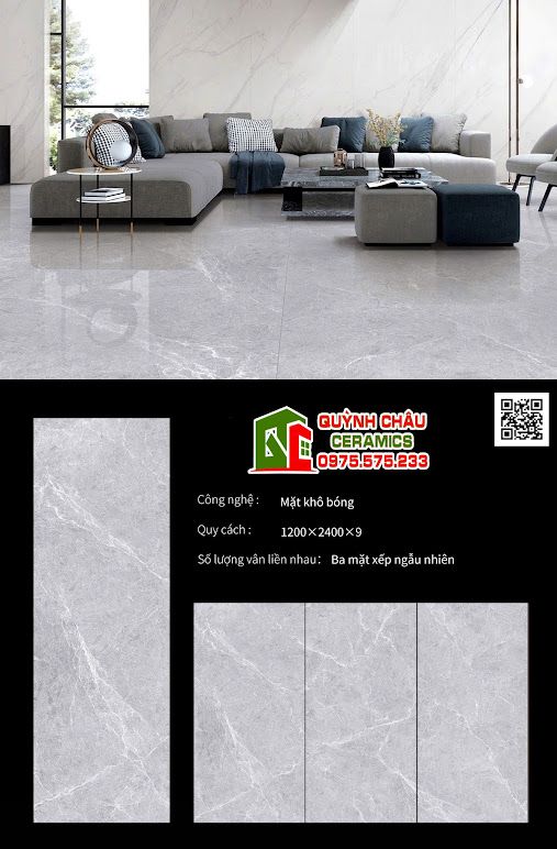 Gạch khổ lớn 120x240 đá nung kết xám vân trắng bóng kiếng