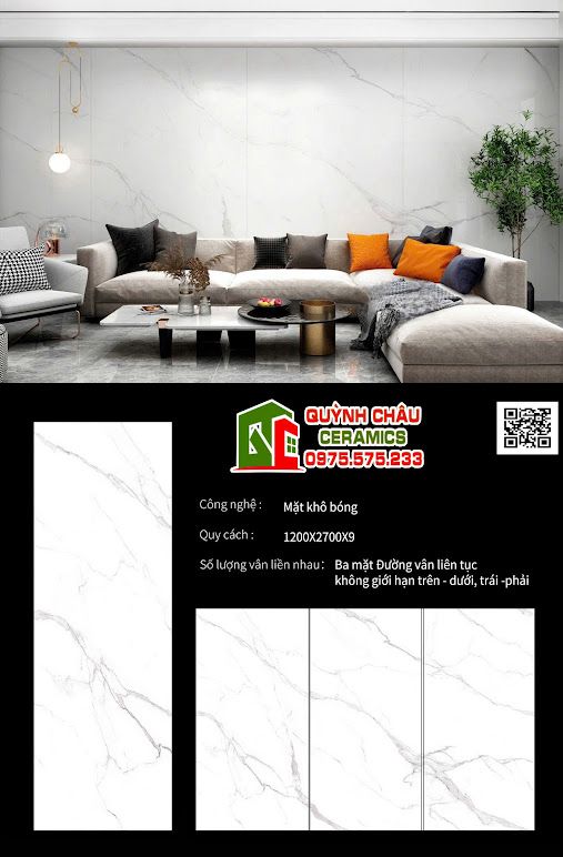 Gạch khổ lớn 120x270 đá nung kết trắng vân mây Gạch khổ lớn 120x270 đá nung kết trắng vân mây
