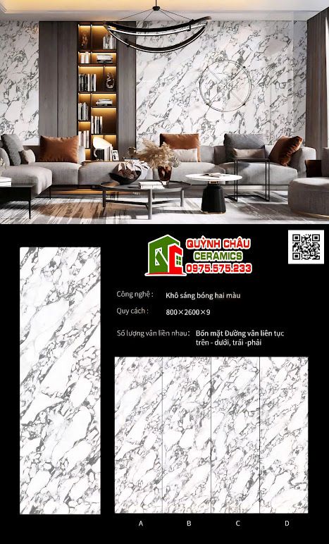 Gạch khổ lớn 80x260 đá nung kết trắng xám đen bóng Gạch khổ lớn 80x260 đá nung kết trắng xám đen bóng