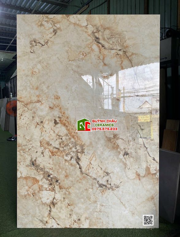Gạch lát nền ấn độ 120x180 bóng kiếng kem vân đá hổ phách