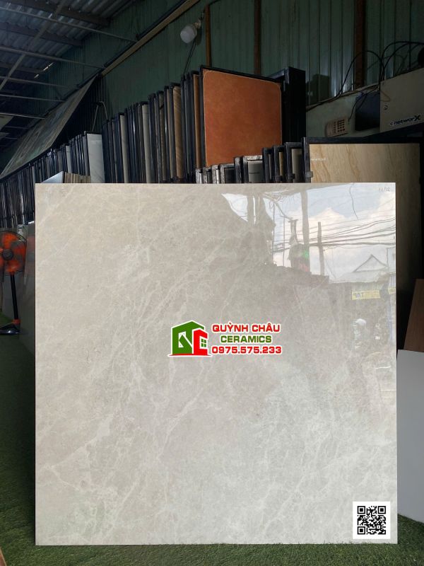 Gạch lát nền phòng khách 120x120cm xám nhạt vân đá bóng kiếng