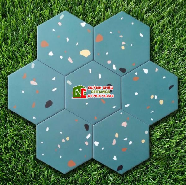 Gạch lục giác xanh 20x23 cm vân terrazzo 