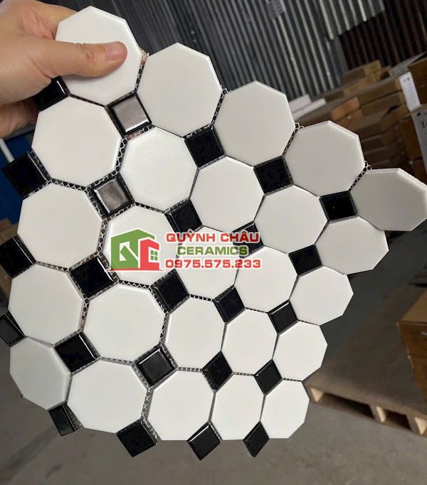 Gạch trang trí mosaic vỉ bát giác đen trắng mờ Gạch trang trí mosaic vỉ bát giác đen trắng mờ