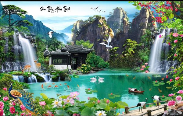 Gạch tranh sơn thuỷ hữu tình kim tuyến toàn phần Gạch tranh sơn thuỷ hữu tình kim tuyến toàn phần