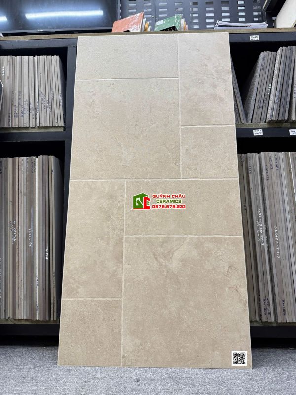 Gạch trung quốc 60x120 Travertine giả đá ghép màu vàng be