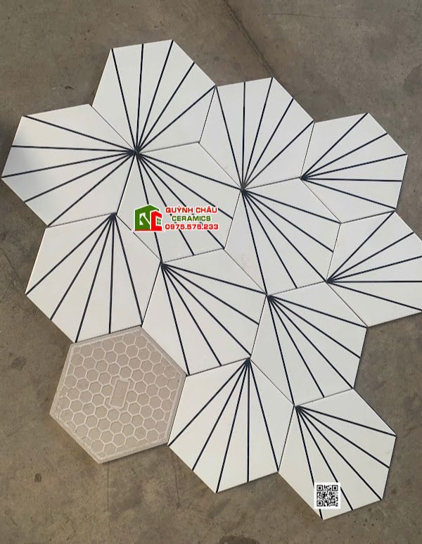 Gạch lục giác 20x23 cm màu trắng xòe quạt 5 tia đen