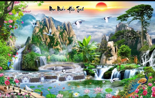 Tranh kính phong cảnh non nước hữu tình kim tuyến Tranh kính phong cảnh non nước hữu tình kim tuyến