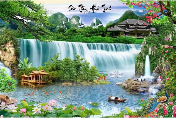 Tranh kính sơn thuỷ hữu tình phủ kim tuyến Tranh kính sơn thuỷ hữu tình phủ kim tuyến